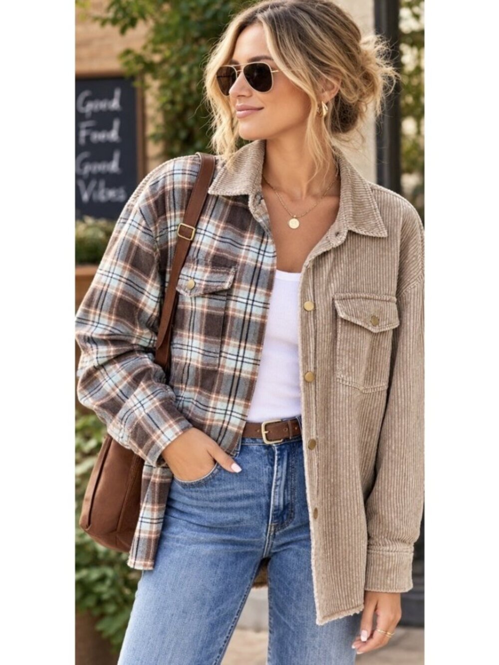 Oli & Hali Oversized Tan Corduroy And Plaid Mixed-Panel Shirt Jacket Size Small